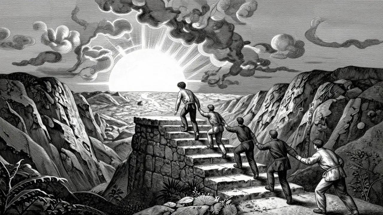 Metafora cesty k uzdravení a systémové pomoci v podobě detailní ilustrace.