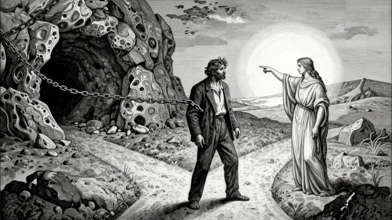 Muž u křižcátky mezi závislostí a nadějí v alegorickém stylu Doré.