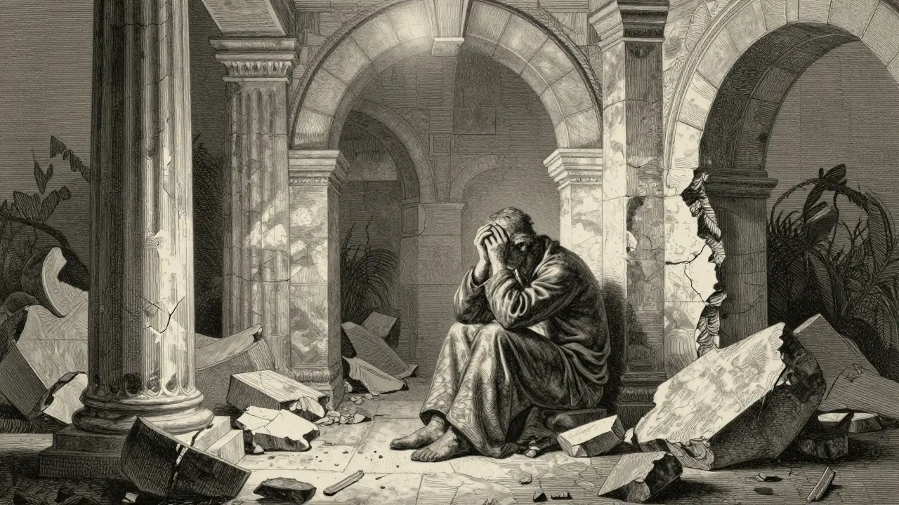 Osamělá osoba v hlubokém přemýšlení obklopená symbolickými troskami.