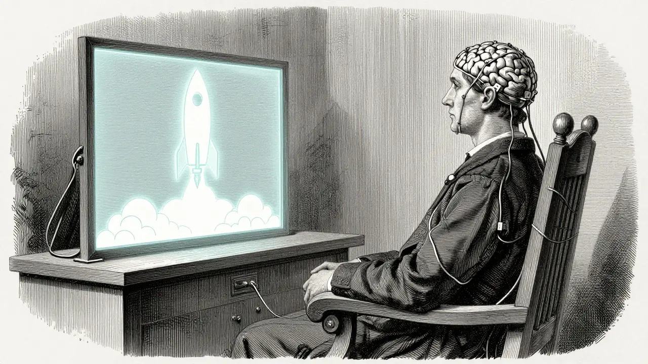 Osoba při tréninku neurofeedbacku s elektrodami v historickém stylu rytiny.