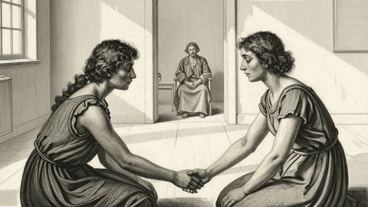 Pár se znovu spojuje a drží se za ruce v prostoru plném světla a naděje.