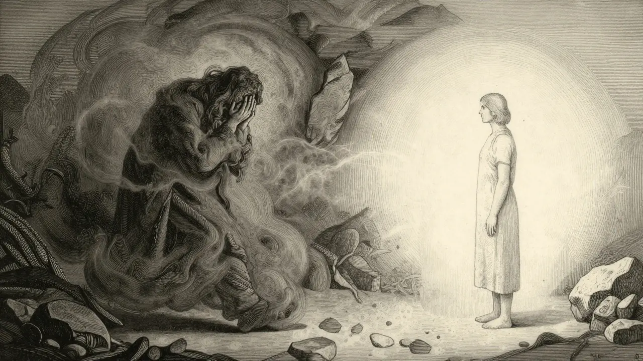 Postupný přechod člověka z mlhy pochybností k světlu a bezpečí terapeuta.