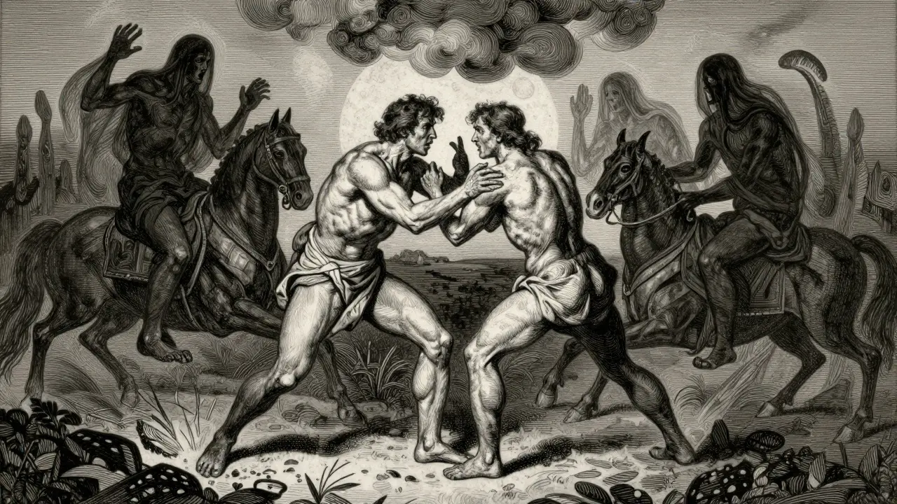 Průstřelec hádajícího páru obklopen temnými siluetami symbolizujícími destruktivní vzorce chování.