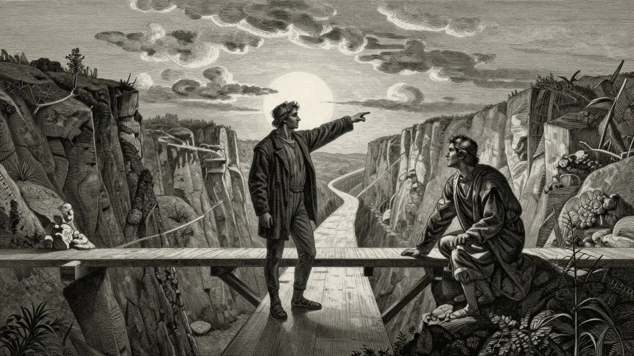 Průvodce a klient na mostě symbolizující profesionální přechod k nové metodě.