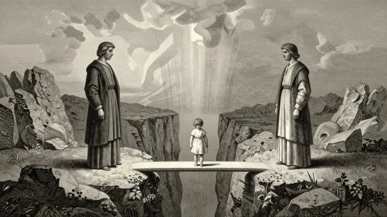 Rodiče a dítě na mostě symbolizující neutrální komunikaci v zájmu dětí.