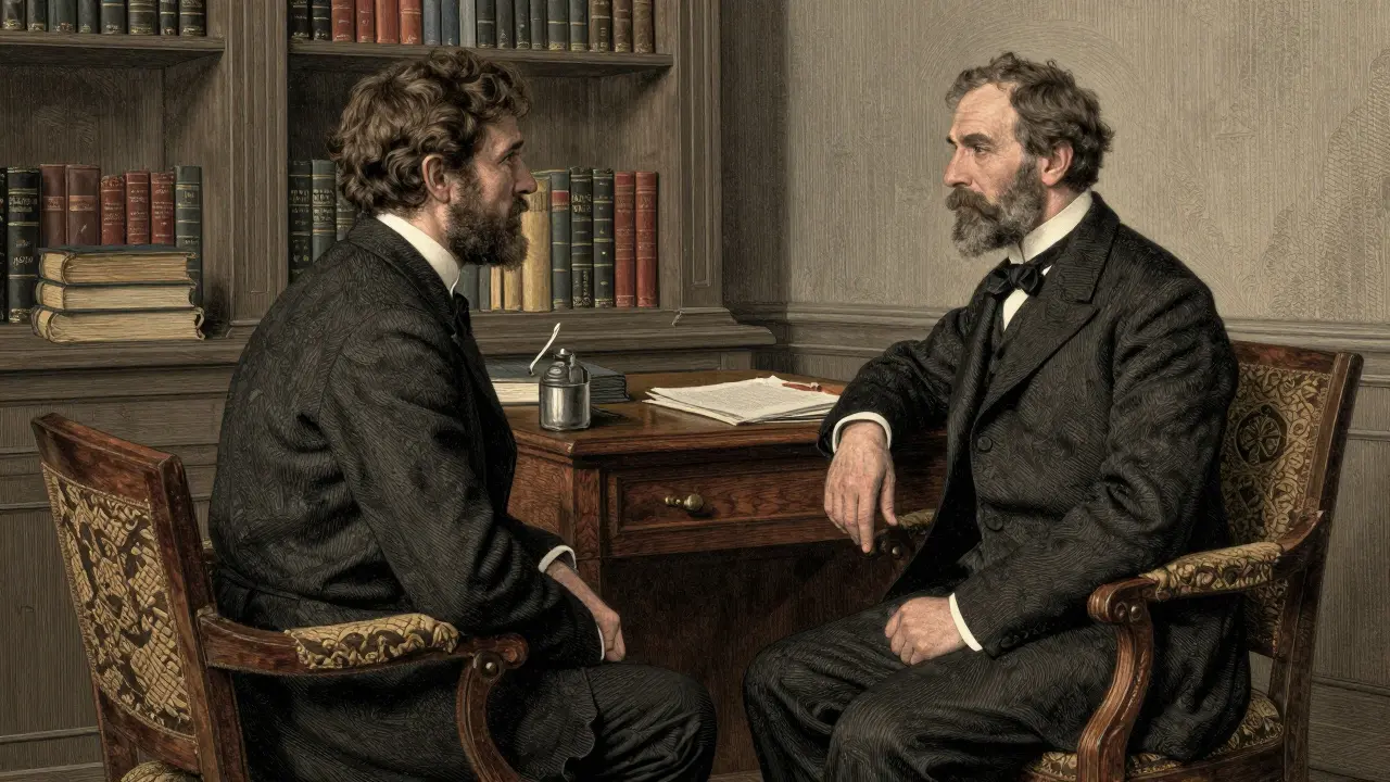 Sezení pacienta s kvalifikovaným terapeutem v klasickém pracovně jako rytina.