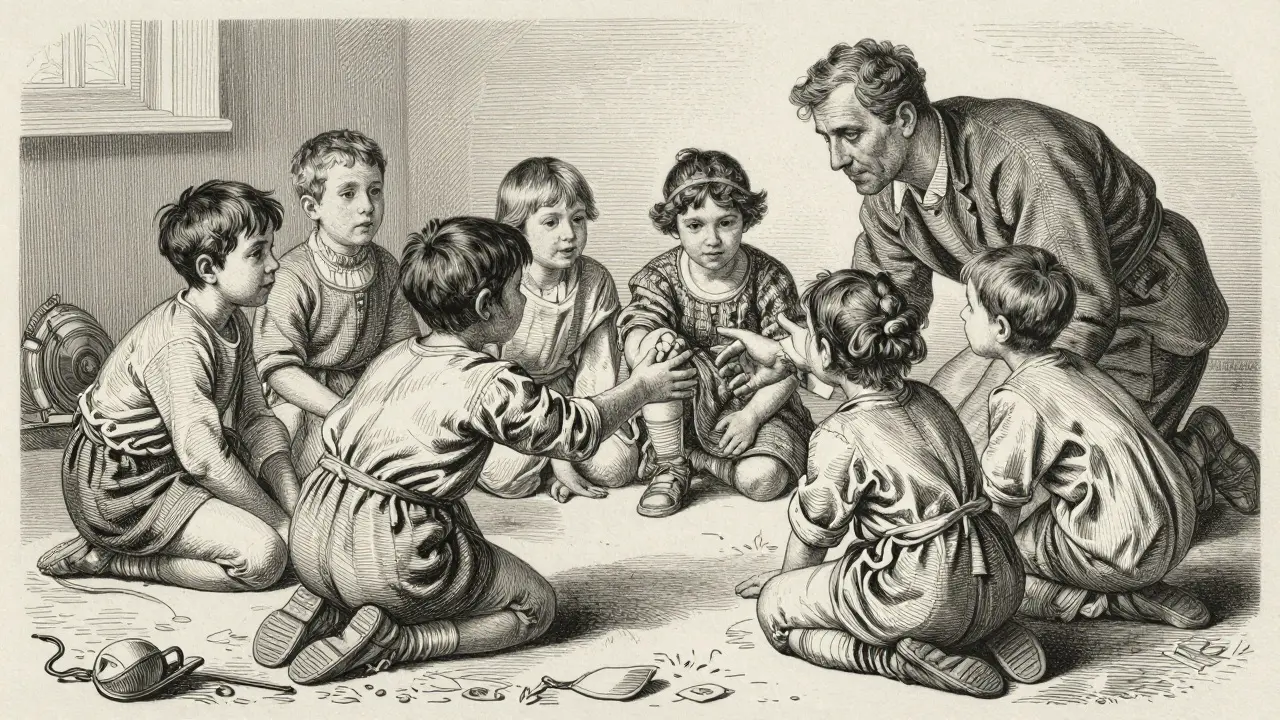 Skupina dětí v terapeutickém prostředí procvičujících sociální interakci.