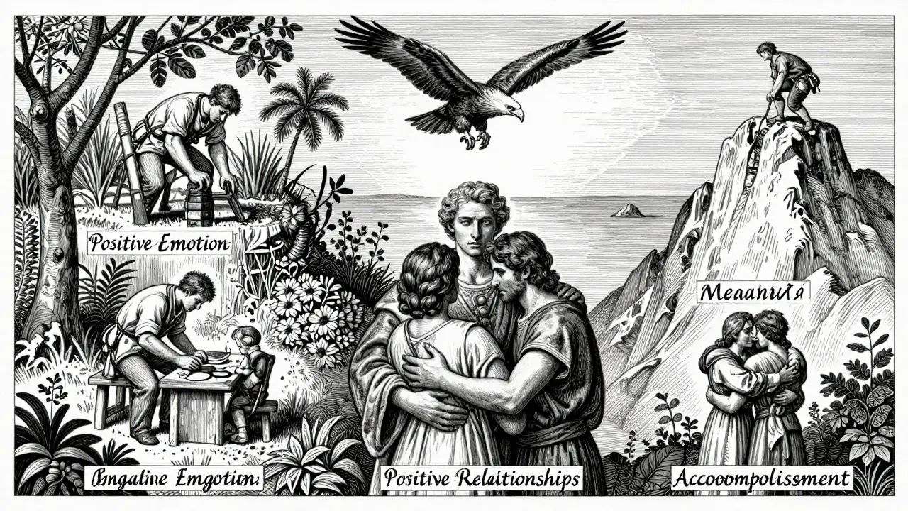 Složité znázornění pěti pilířů štěstí modelu PERMA v podobě alegorických scén.