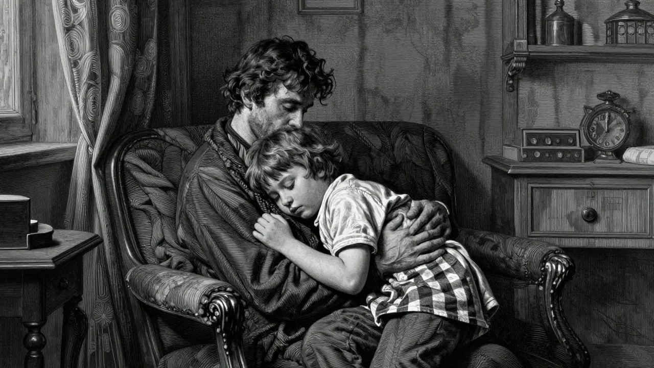 Snímek rodiče a unaveného dítěte v objetí v stylu staré rytiny.