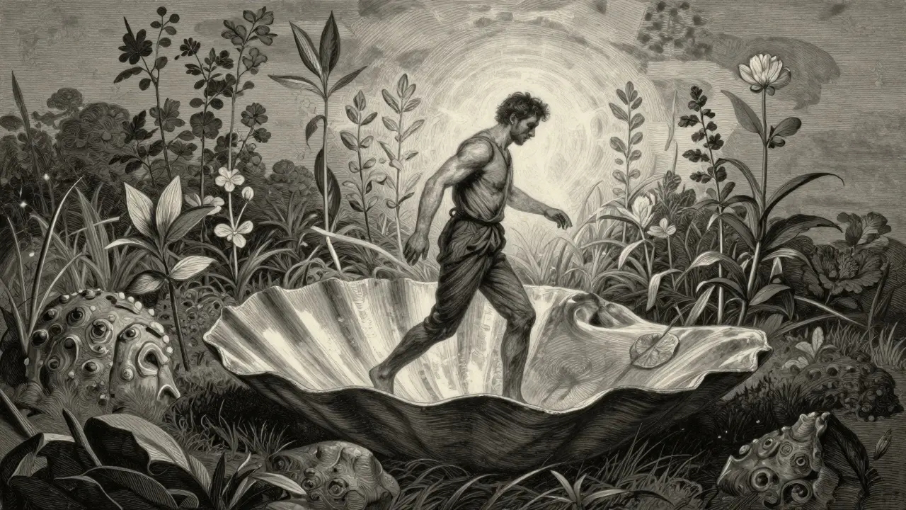 Symbolické vyprostit se z temného kokonu do světla v stylu rytin Gustave Doré.