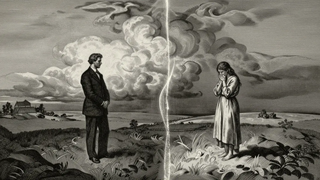 Symbolické znázornení hranice a asymetrie vztahu v dramatické krajině.