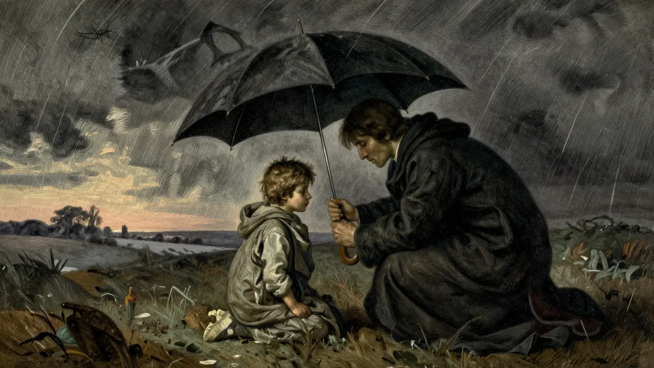 Terapeut poskytující bezpečí a podporu zraněnému dítěti v temné krajině.