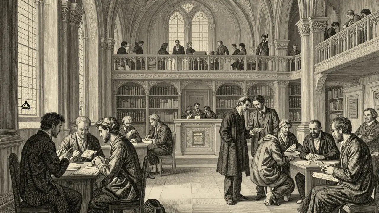 Detailní gravura charitativního centra poskytujícího pomoc lidem