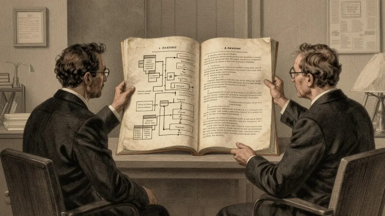 Doré styl: terapeut a klient studují strukturovaný manuál s diagramy v ordinaci