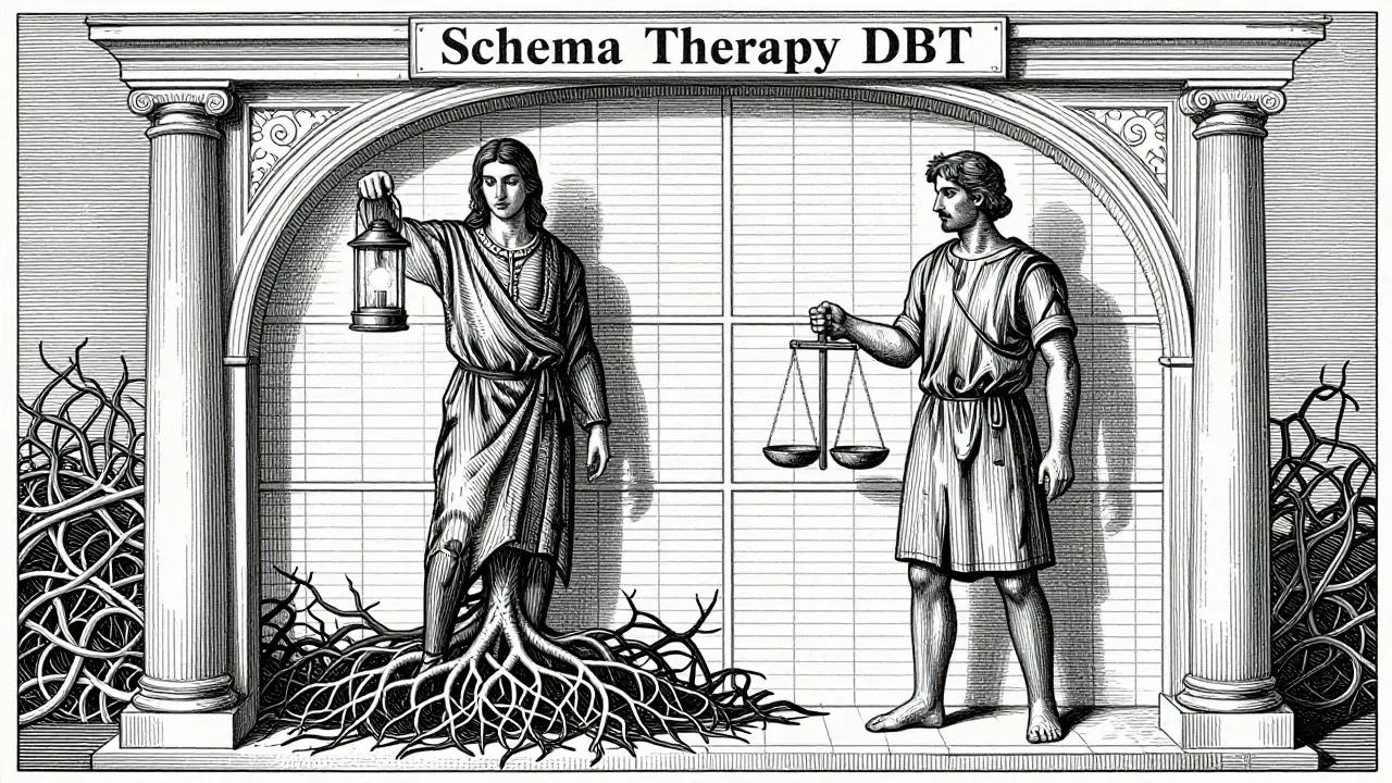 Dva lidé v geometrickém rámci představující strukturu schématoterapie a DBT.