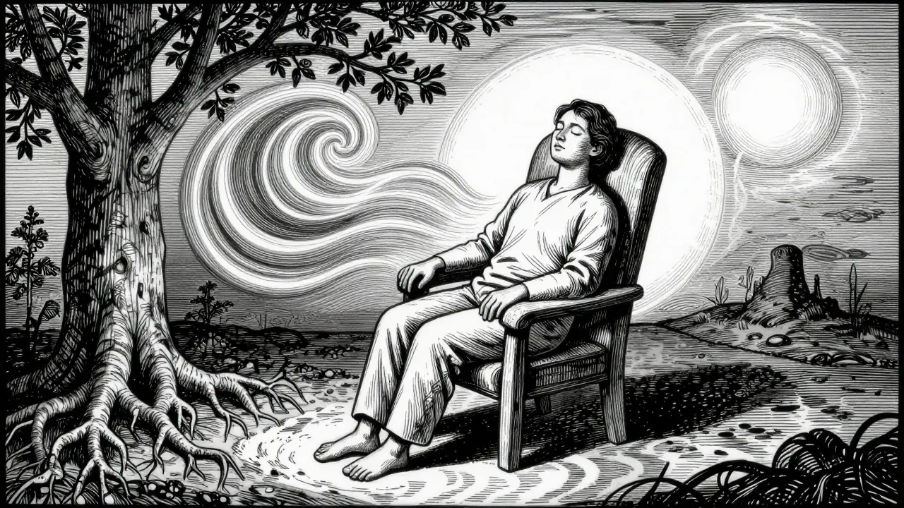 Ilustrace klidné terapeutické scény s vlnami bezpečí a stabilizujícími prvky ve stylu dřevorytu.