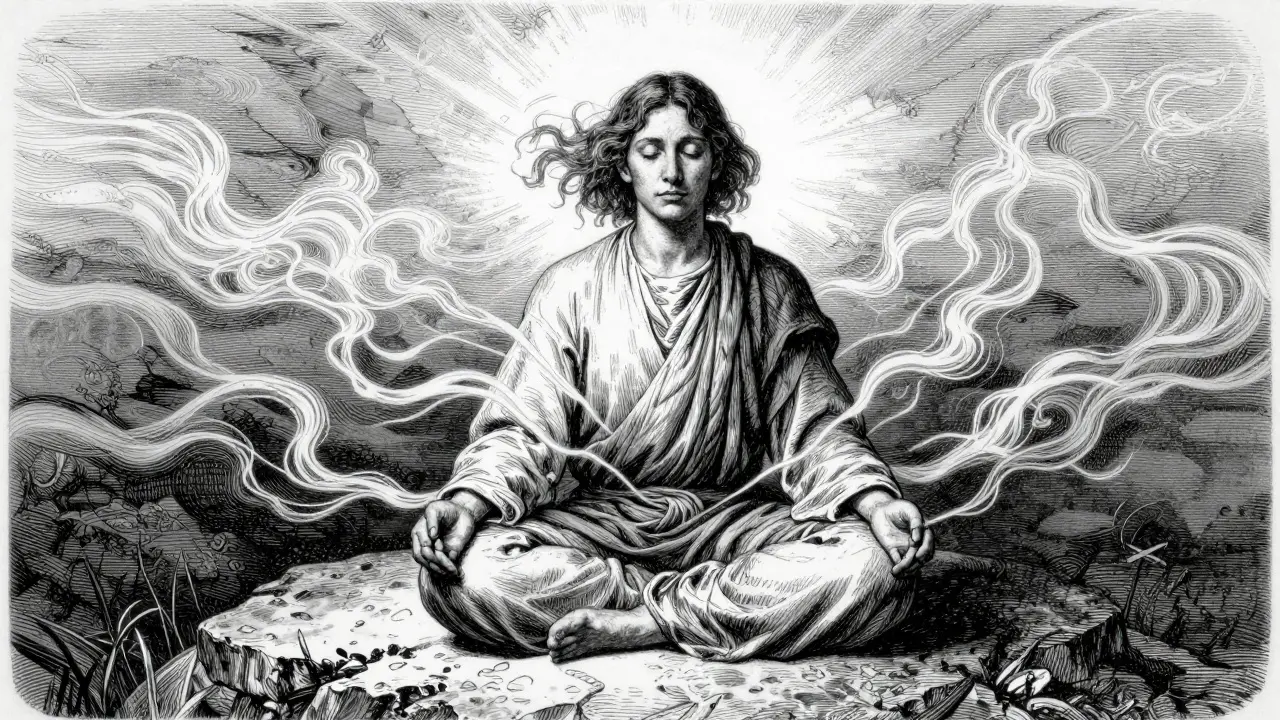 Ilustrace osoby v meditaci uvolňující stres pomocí dechu a uzemnění.