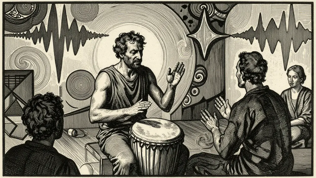 Ilustrace ve stylu Gustava Dorého: aktivní muzikoterapie s bicími nástroji