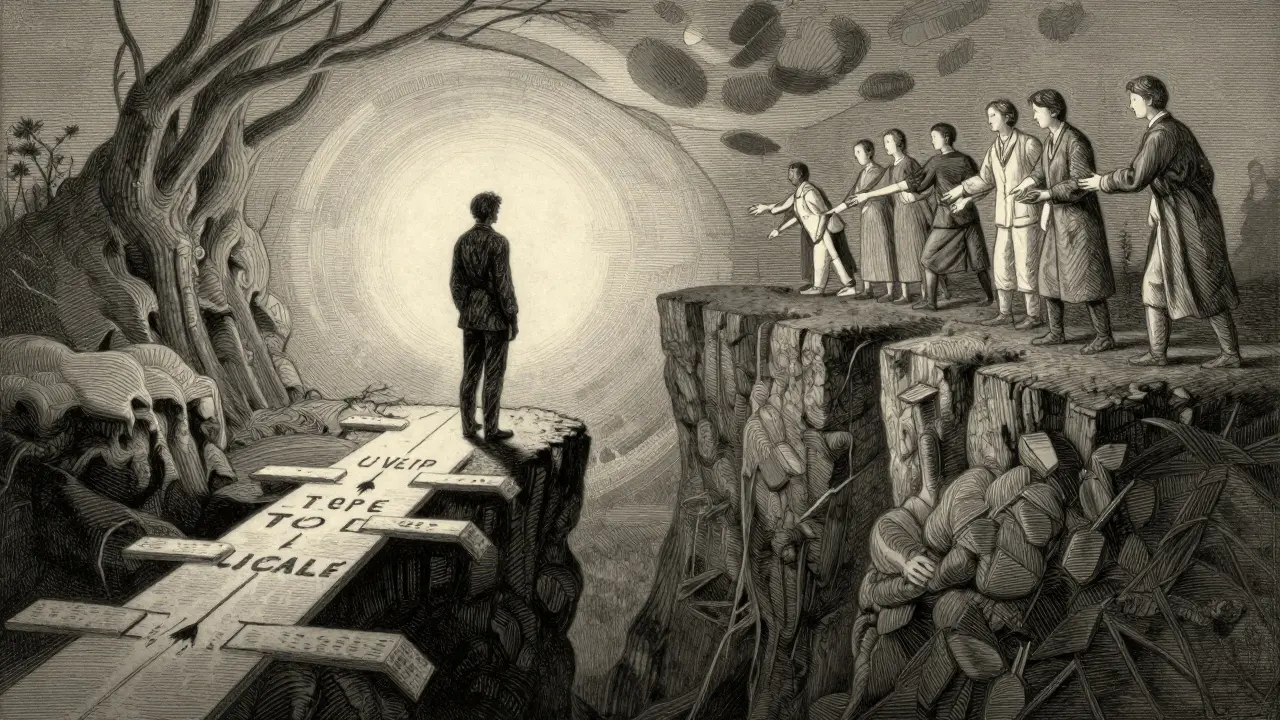 Postava na okraji propasti hledá pomoc k zářícímu horizontu