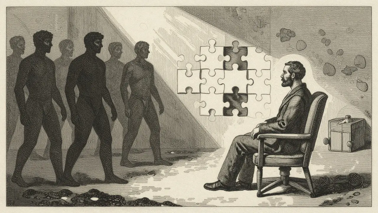 Postava skládající puzzle myšlenek v terapeutickém prostředí, dřevoryt.