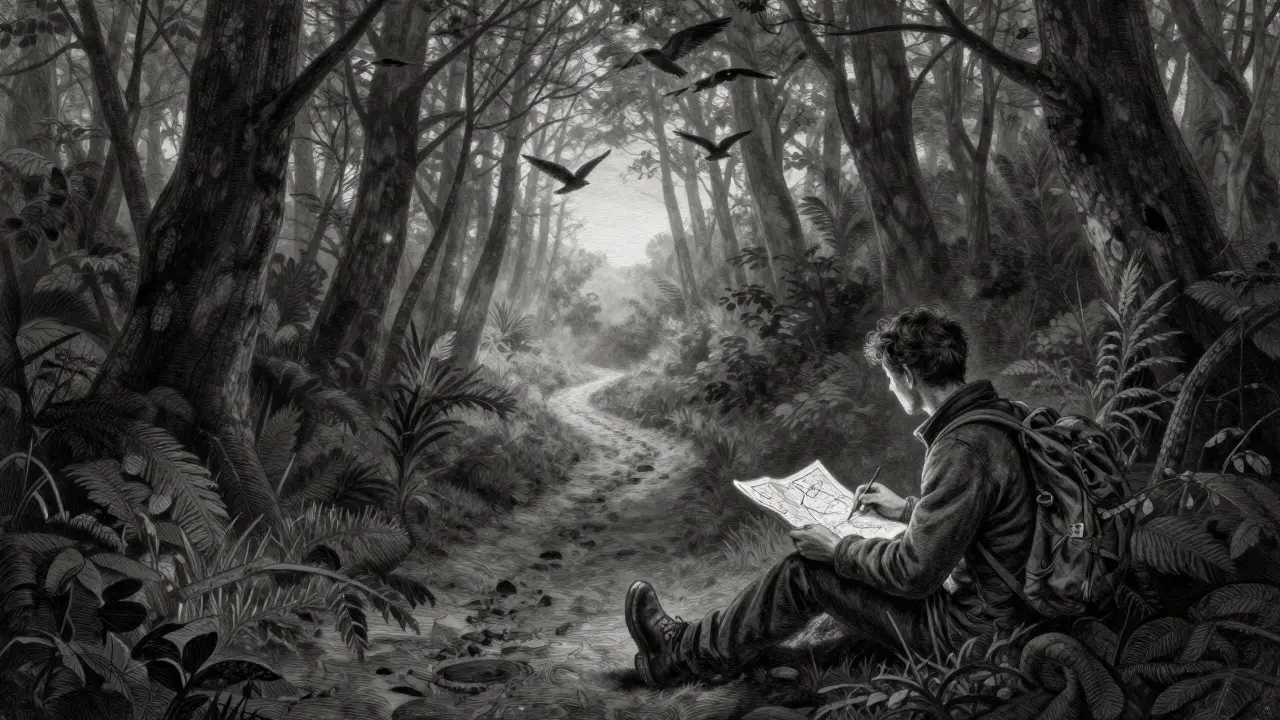 Cestovatel v mlžném lese směřuje k rannímu světlu, ilustrace Gustava Dorého