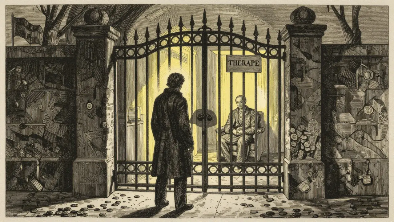 Symbolická brána představující bariéry k psychoterapii, strach a náklady, černobílá ilustrace