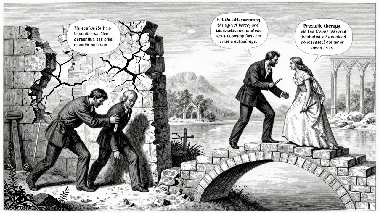 Allegorie budování pevného mostu vztahu versus oprava