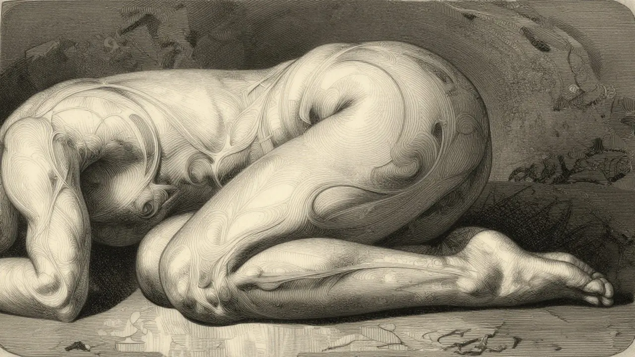 Detail jemného jóga protažení, ilustrace ve stylu gravíry