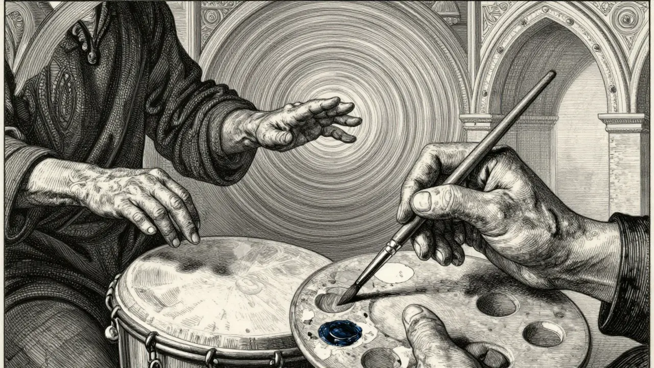 Detail rukou při malování a bubení, ilustrace rozdílu mezi arteterapií a muzikoterapií