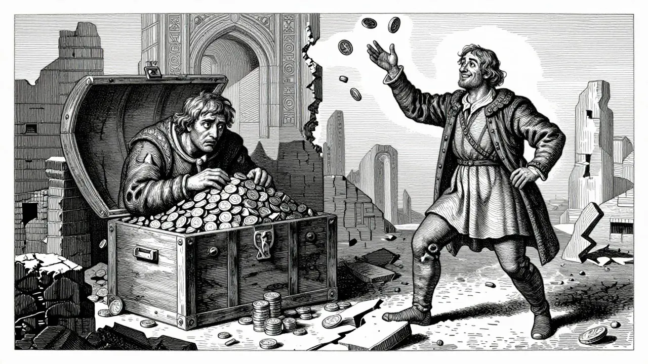 Ilustrace styl Gustave Doré: úsporník versus utrácet v rozporu