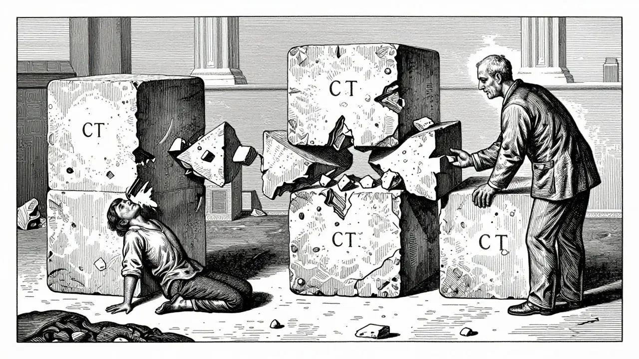 Ilustrace ve stylu dřevorytu ukazující terapii rozkladající trauma na zvládnutelné části.