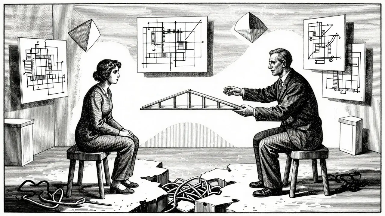 Ilustrace ve stylu Gustava Dorého zobrazující terapii jako stavění mostu z jasných pravidel mezi terapeutem a klientem.