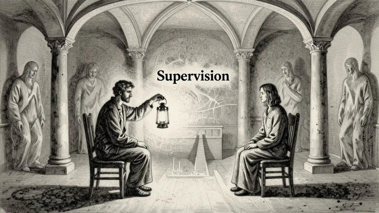 Symbolická kresba etických hranic v terapii, osvětlená lampou supervize a chráněná profesionálními zásadami.