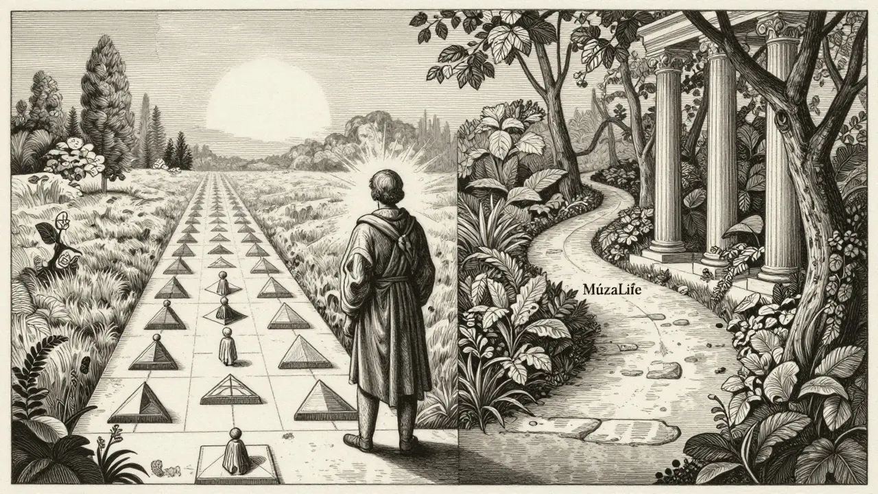Cestovatel u křižovatky dvou cest: jedné strukturované a druhé organické, ilustrace v duchu dřevorytu.