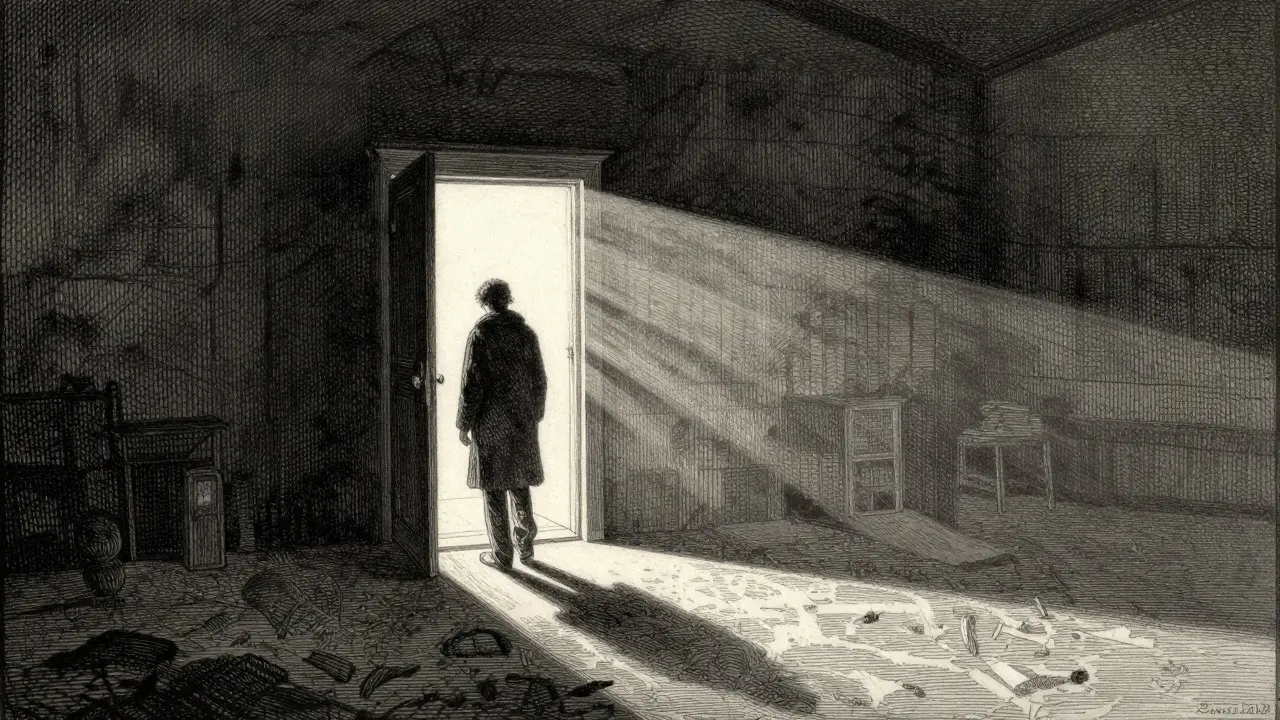 Ilustrace osobního růstu a naděje po terapii ve stylu Gustava Dorého