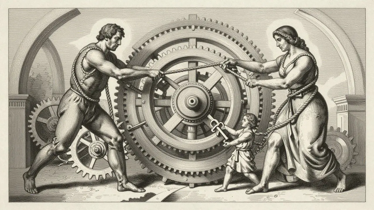 Ilustrace systémové terapie ukazující propojenost členů rodiny jako mechanický systém.