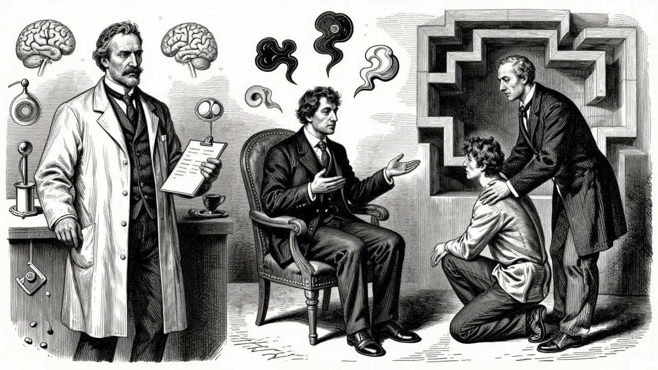 Ilustrace ukazující lékaře s léky, psychologa v dialogu a terapeuta v zahradě