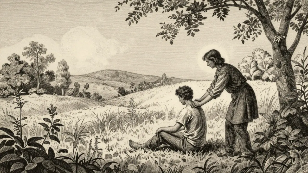Ilustrace v stylu Gustava Dorého: klidná scéna terapie na venkově
