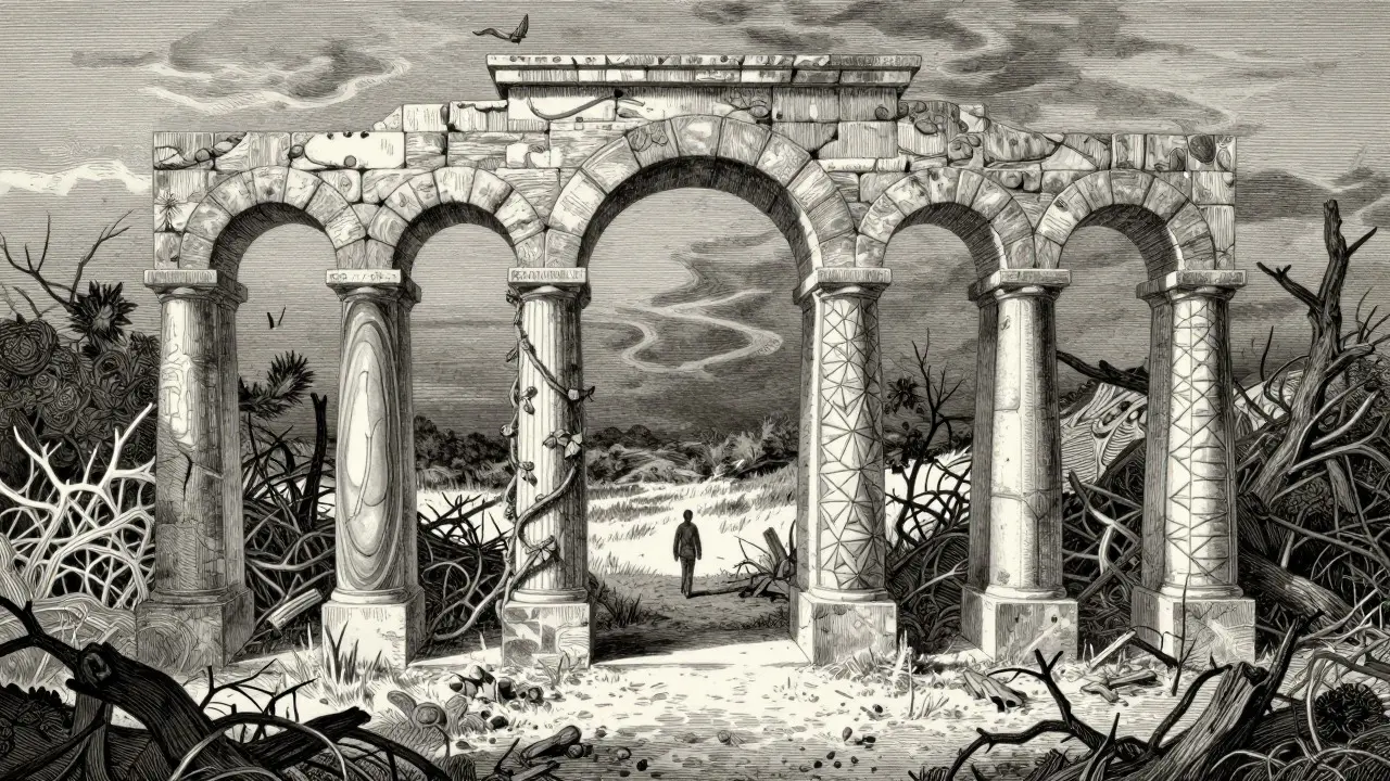 Kamenný oblouk sedmi pilířů vedoucí do slunné louky, ilustrace v gravírovacím stylu