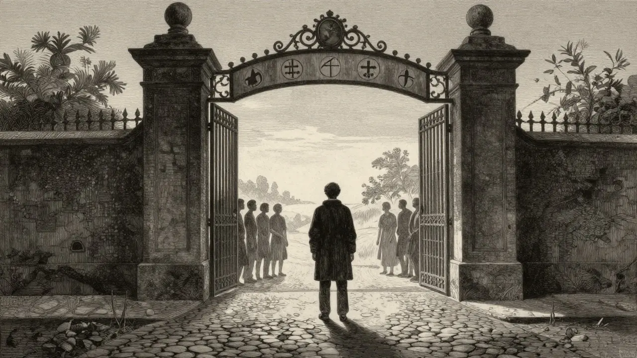 Postava před ozdobnou bránou vedoucí ke světlému horizontu, symbolizující přístup k péči o duševní zdraví.