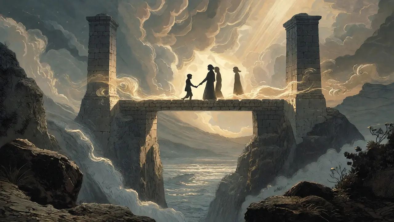 Dorého ilustrace: Spojení rodičů na mostě pro bezpečný průchod dítěte.