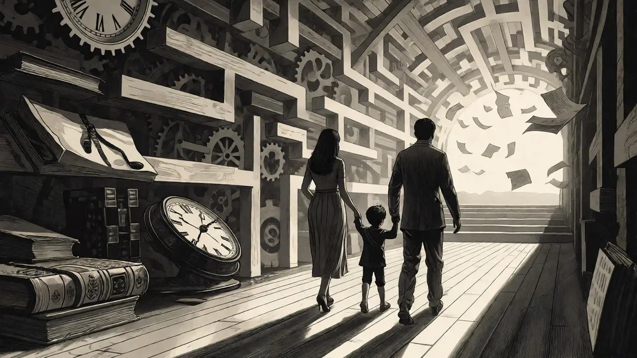 Family walking confidently toward a bright future, leaving educational stress behind.