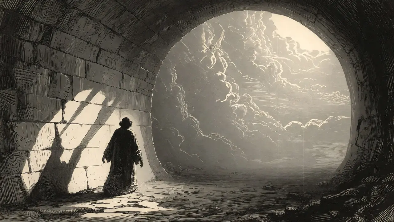 Ilustrace postavy vycházející z tunelu do světla ve stylu Gustava Dorého.
