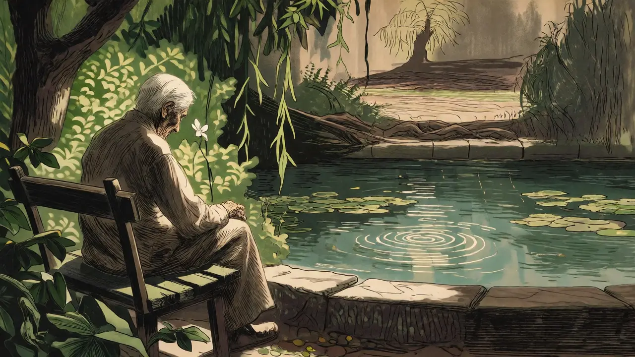 Ilustrace seniora odpočívajícího u rybníka s náznaky environmentální úzkosti ve stylu Gustava Doré