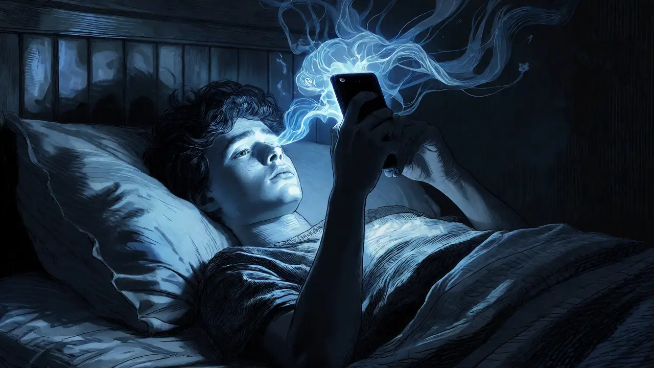 Teenager v posteli osvětlený modrým světlem telefonu obklopený úzkostí.