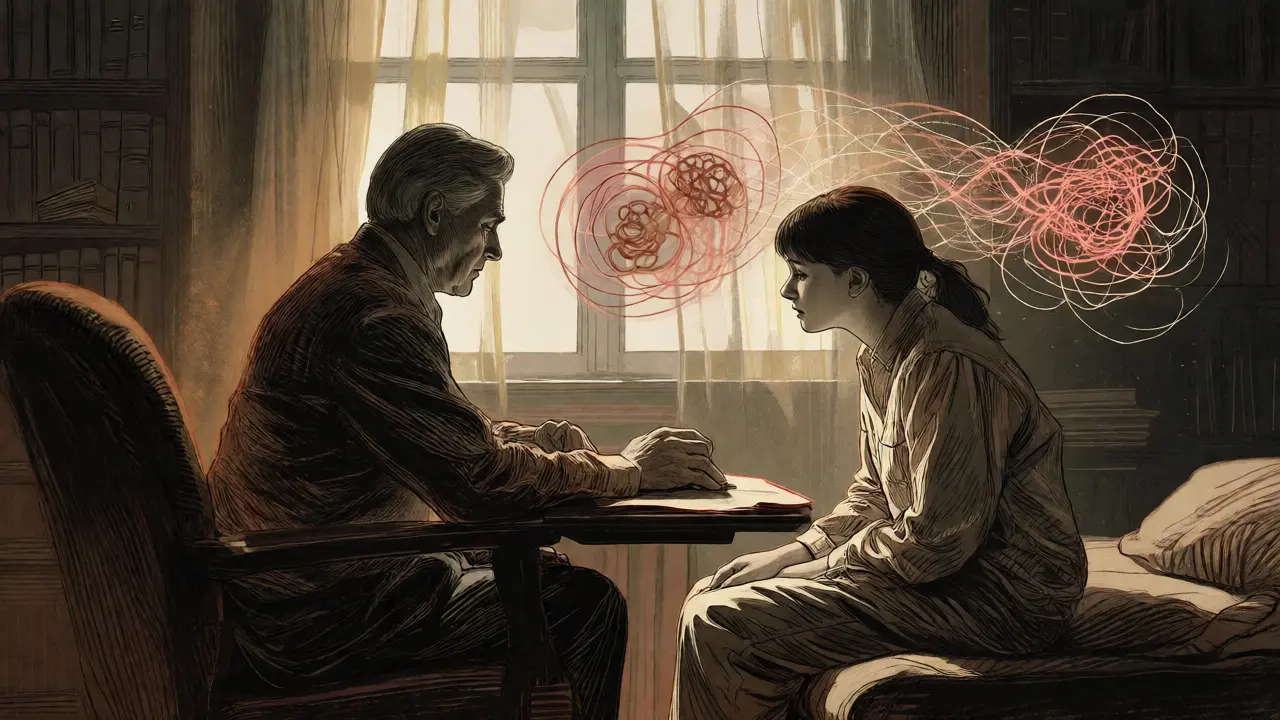 Therapist comforting a distressed teen in a warmly lit consultation room.
