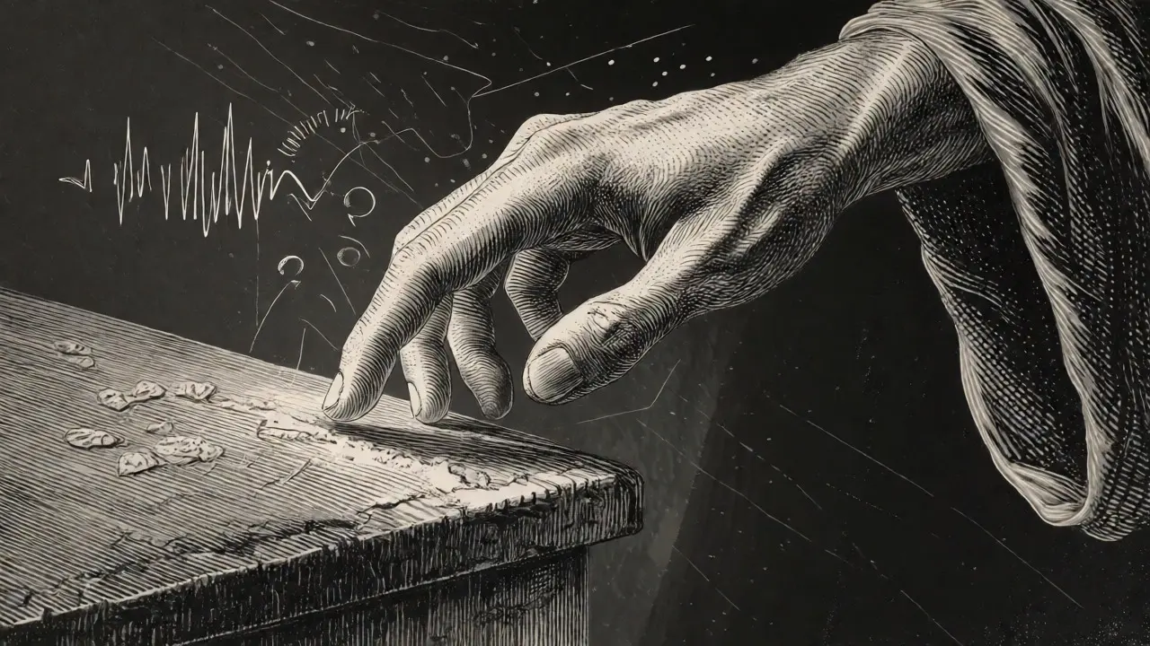 Detailní ilustrace ruky dotýkající se studeného povrchu jako kotvy pro uzemnění.