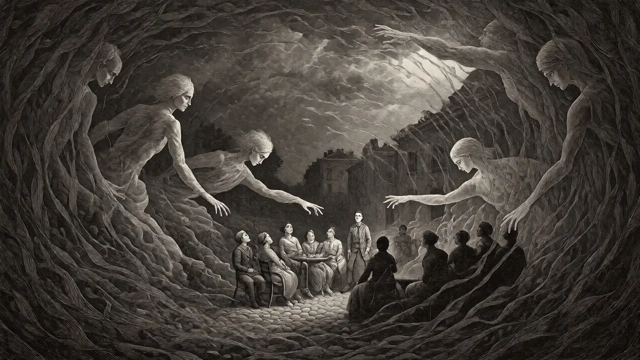 Surrealistická kresba ve stylu Dorého znázorňující neviditelný přenos traumatu z předků na mladší generaci.