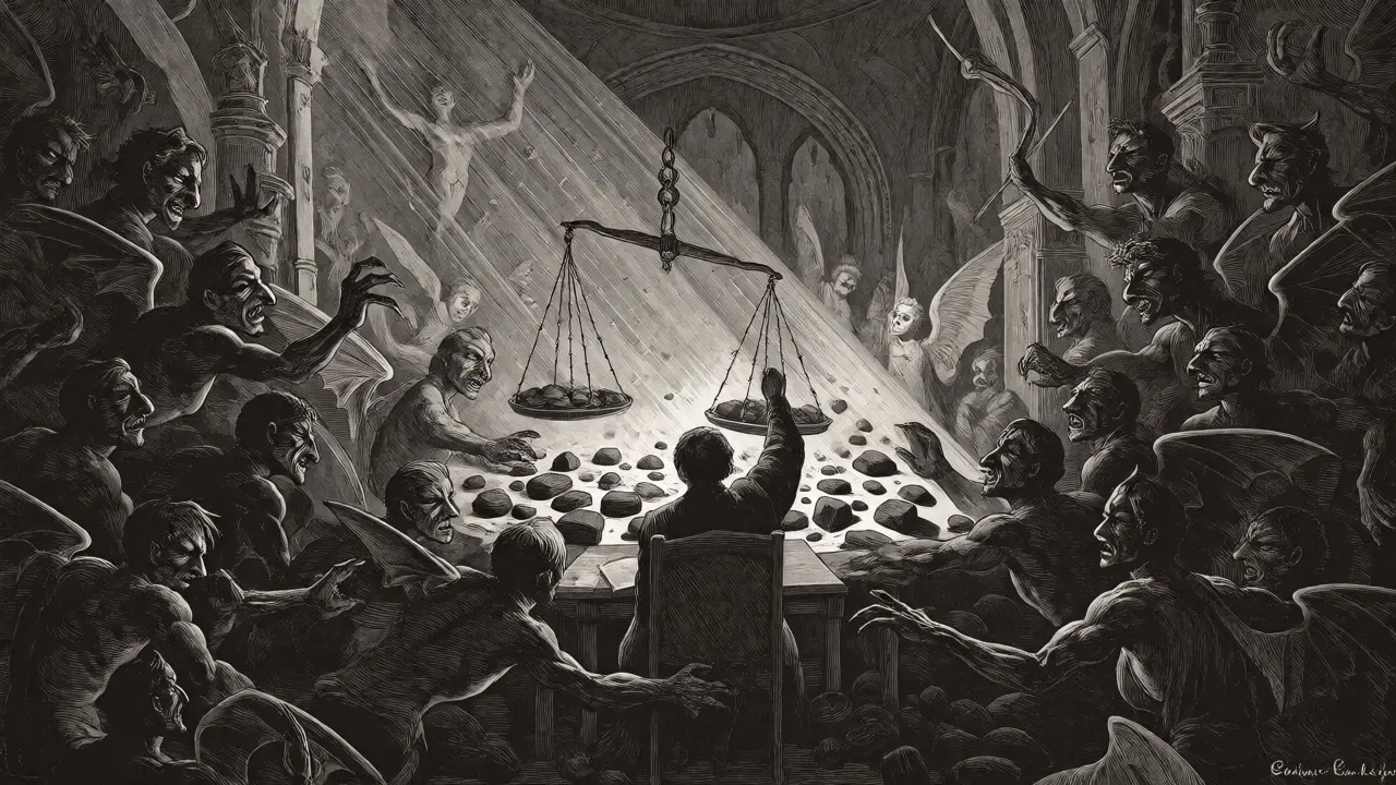 Surrealistická scéna soudního procesu v mysli se stínovými myšlenkami ve stylu Dorého