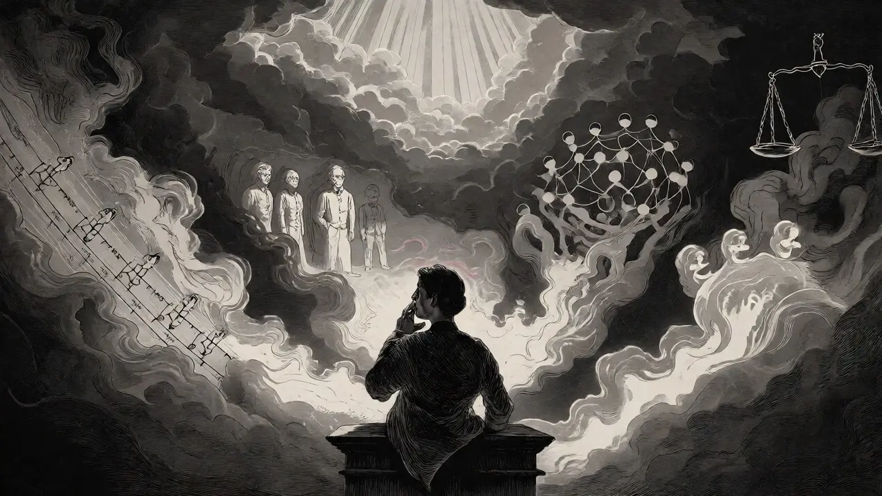 Surreální ilustrace čtyř pilířů anamnézy obklopujících postavu.